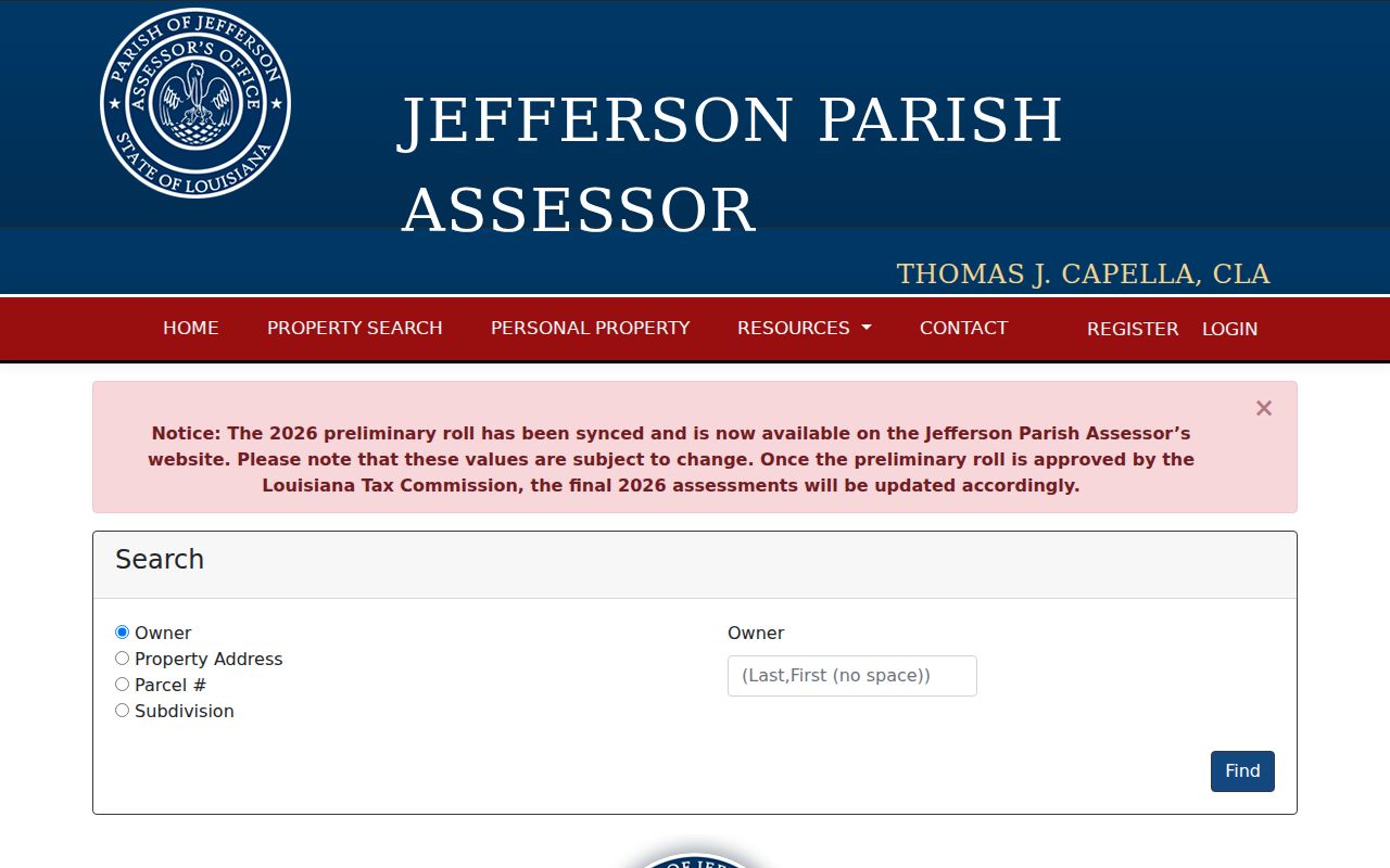 Jefferson Parish Assessor owner and property search screen