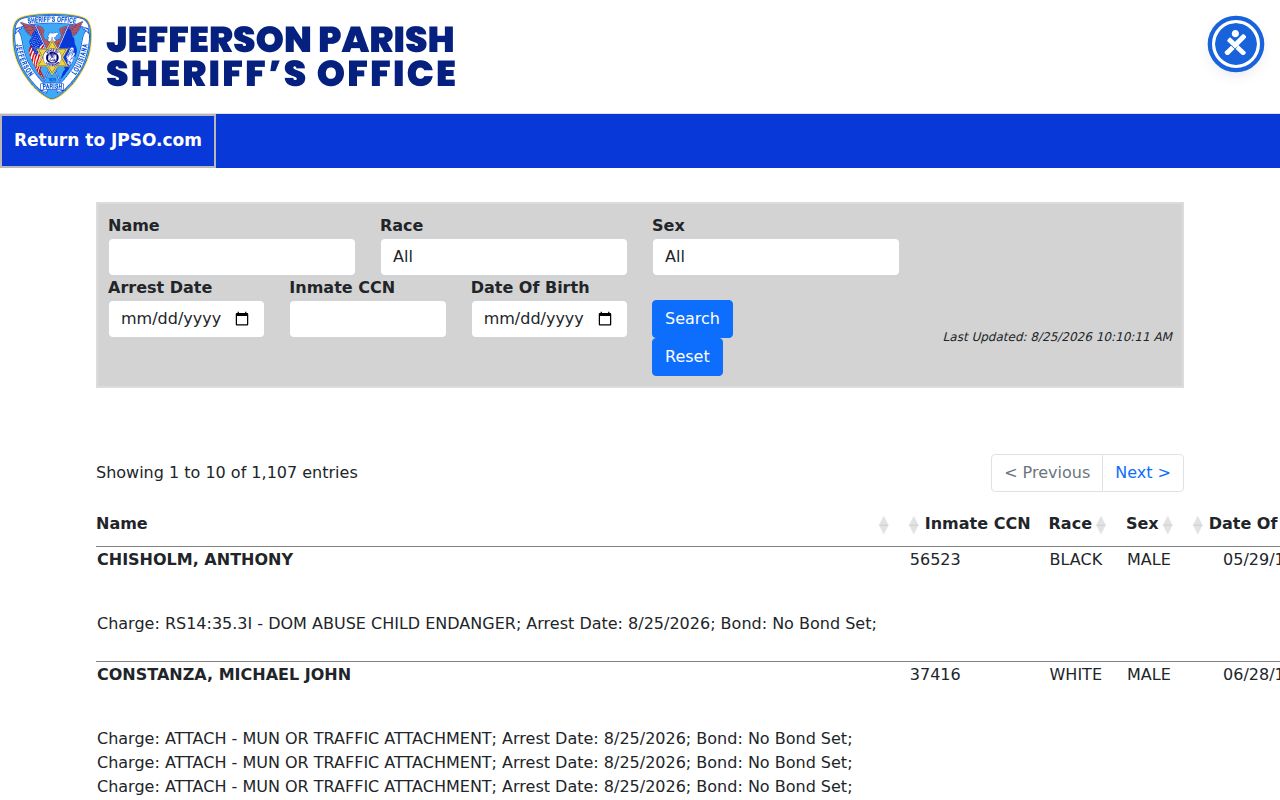Jefferson Parish Sheriff inmate search fields