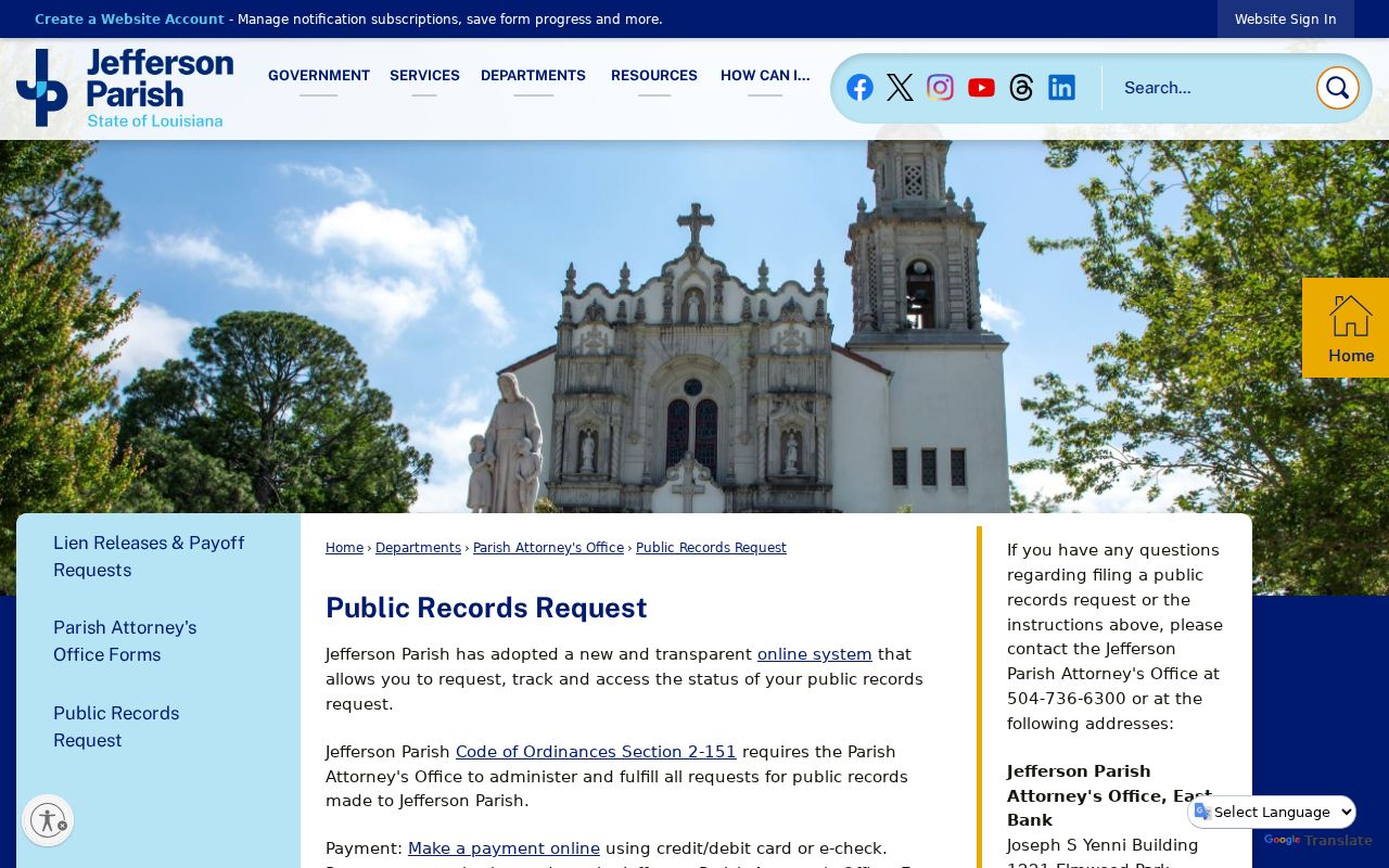 Jefferson Parish online public records request page