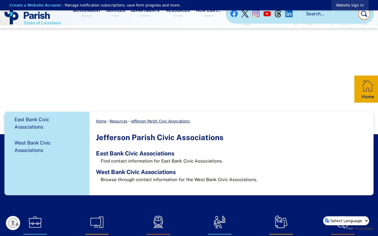 Jefferson Parish civic association directory for East Bank and West Bank communities