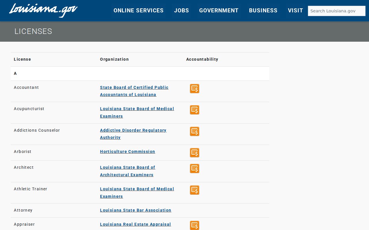 Louisiana professional license portal used for Jefferson Parish name verification