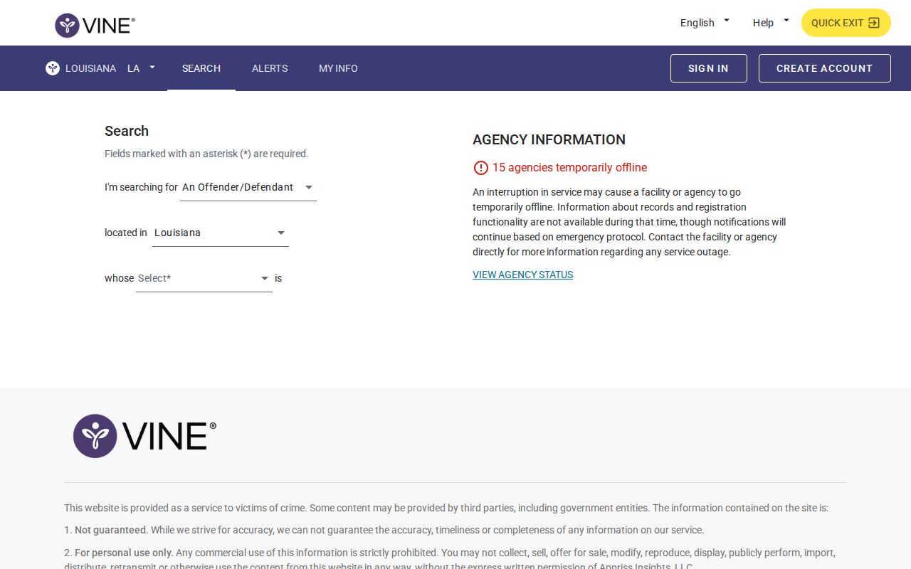 Louisiana VINE person search for custody status