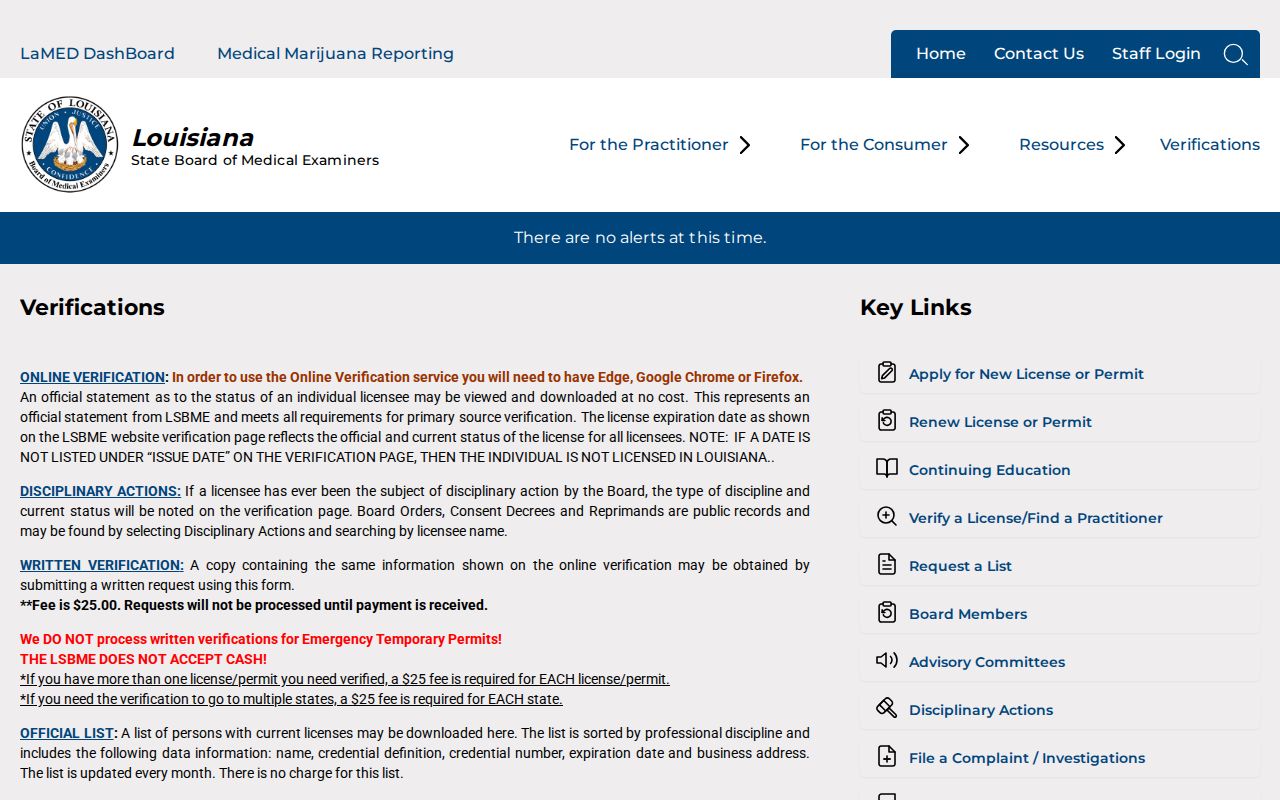 Louisiana medical license verification page for name and license checks