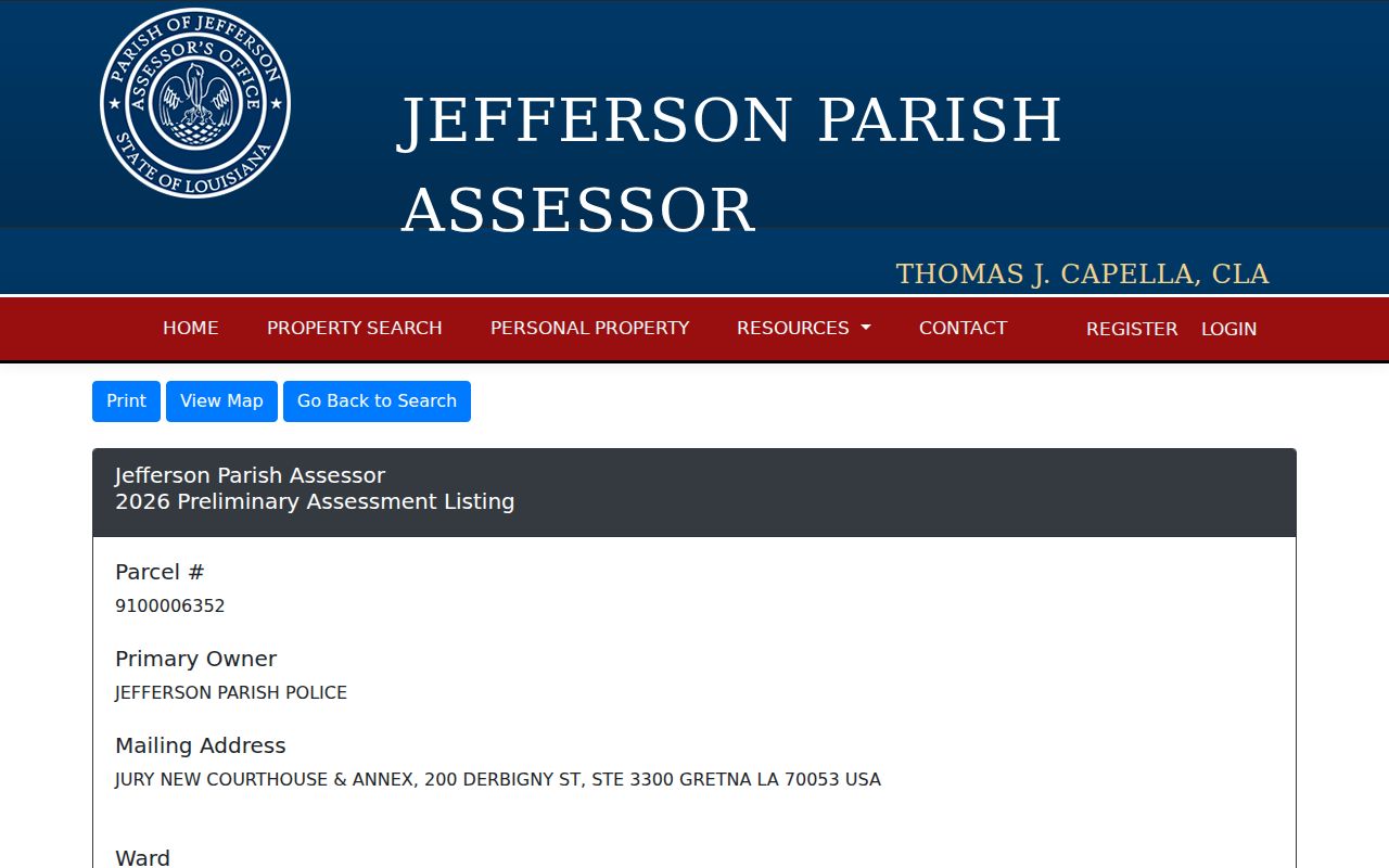 Jefferson Parish Assessor parcel card with owner, legal description, physical address, and parcel details