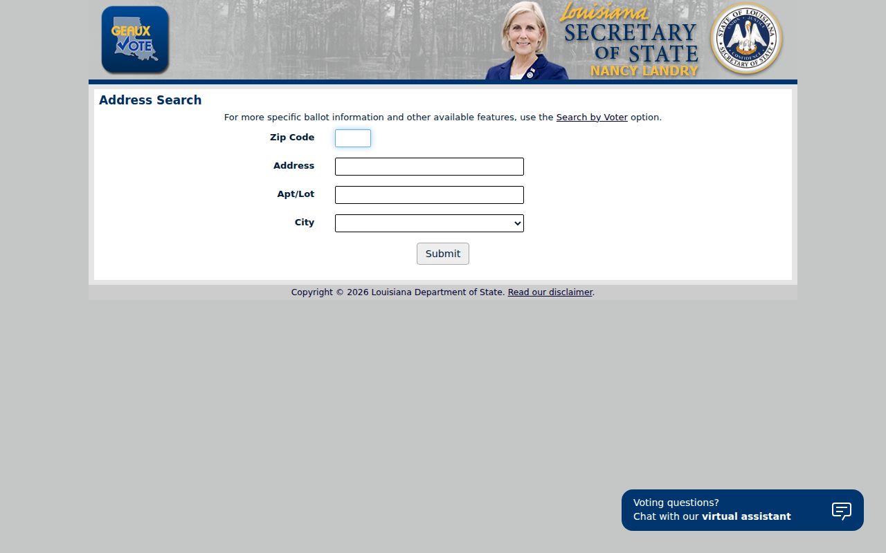 Louisiana voter address form with ZIP field for Jefferson Parish